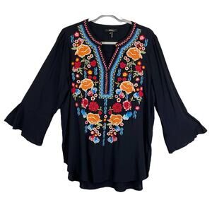 Andree by Unit Black Floral Embroidered Tunic Top Women Sz L Bell Sleeve Boho